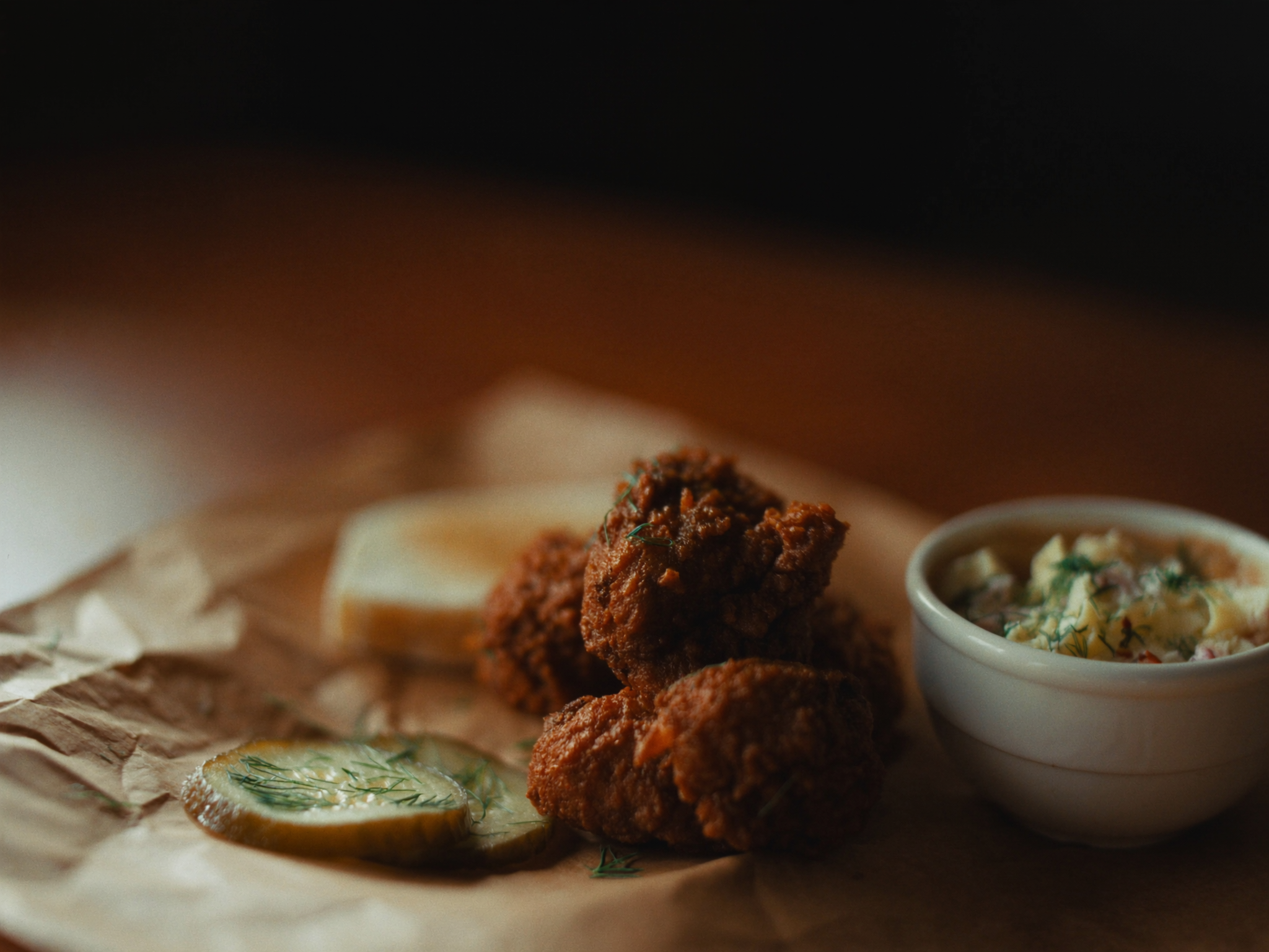 Nashville hot chicken plate, editorial food photography close-up