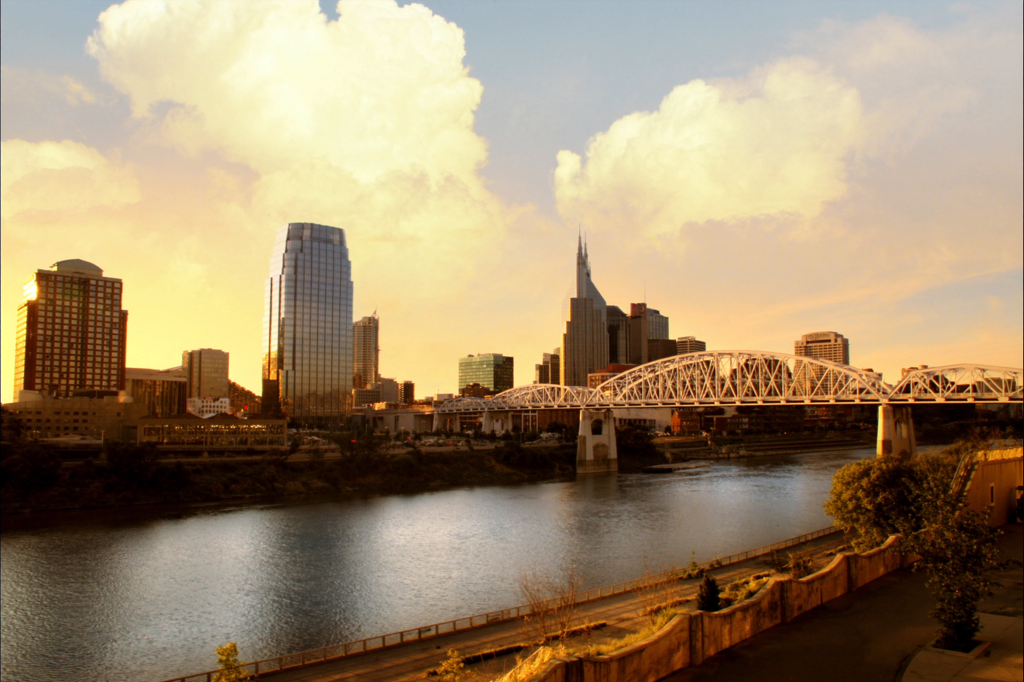 Nashville Tennessee skyline at golden hour from the Cumberland River